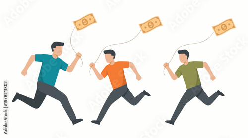 Men chasing money, a concept of financial pursuit and ambition