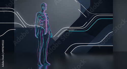 A futuristic human figure with a neon-lit body standing in a dark room with glowing lines