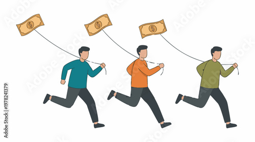 Men running to chase money, symbolizing financial pursuit and wealth ambition