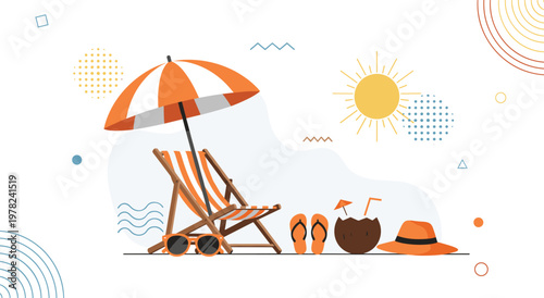 Summer beach essentials with umbrella, deck chair, sunglasses, flip-flops, coconut drink, and straw hat. design for tropical vacations, travel, and holiday concepts. flat cartoon vector illustration.