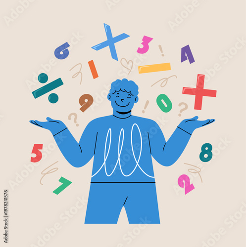 Boy with math symbols and numbers. Colorful vector illustration