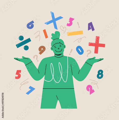 Girl with math symbols and numbers. Colorful vector illustration