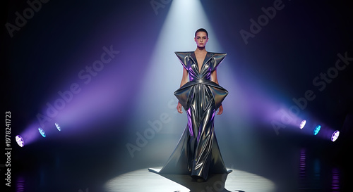 A woman confidently walks down a runway in a stunning black evening gown under spotlights