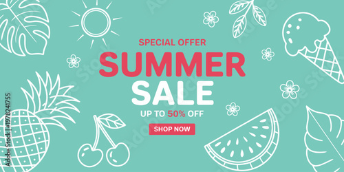 Summer sale advertisement with fruit and ice cream illustrations on turquoise background