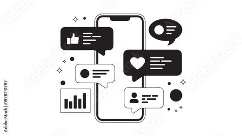 Smartphone with social media icons and speech bubbles on white background for technology concepts