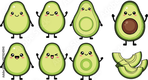 Cute avocado cartoon characters vector set with funny expressions kawaii style healthy food illustration collection isolated design