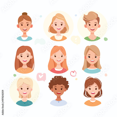 Set of diverse female avatars and character icons with different hairstyles and ethnicities