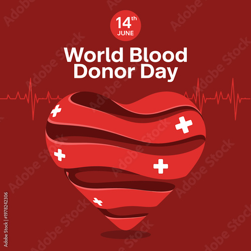 World Blood Donor Day graphic featuring heart with medical crosses