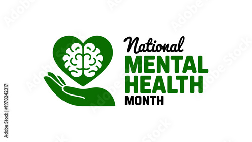 National Mental Health Month Awareness Logo With Hand Holding Heart Brain Design