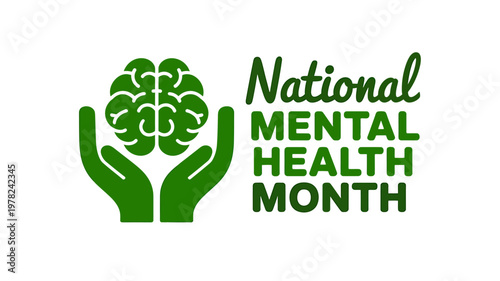National Mental Health Month awareness logo with brain illustration and hands