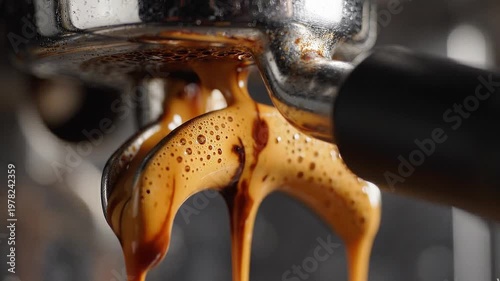 Macro Shot of Rich Espresso Flowing from Professional Coffee Machine Portafilter