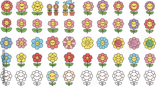 Colorful Flower Set with Smiling Faces, Potted Plants, and Cute Characters for Spring, Gardening, and Nursery Graphic Designs