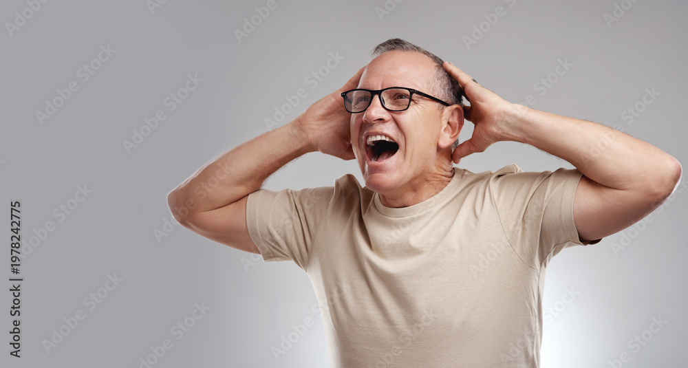 Naklejka premium Mature, man and excited in studio with shock, notification or announcement for winner of lottery prize. Space, person and happy with surprise, open mouth or good news for giveaway on white background
