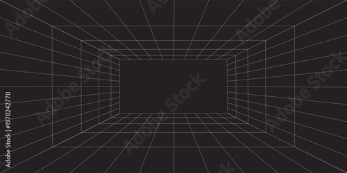 Room projection grid in futuristic 3d style. Outline futuristic grid background, room projection. Wireframe grid template in perspective view
