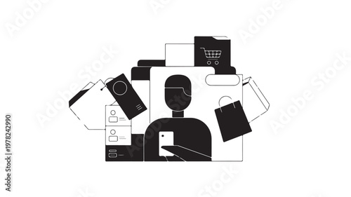 Black and white person surrounded by various digital devices and shopping icons for e-commerce and technology concepts