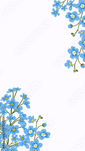 Blue Forget Me Not Flowers Corner Border on White Vertical Banner