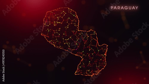 A dynamic motion video showcasing the Paraguay country border through a colorful plexus reveal. Glowing red and orange dots represent high-tech data communication and global digital networks.