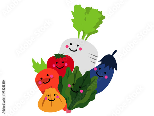 笑顔がいっぱい！旬の野菜キャラクター集合イラスト