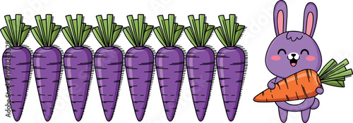 Cute cartoon rabbit holding carrot with purple carrot pattern vector illustration set featuring funny bunny character and vegetables