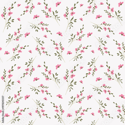 Seamless Pattern of Small Pink Flowers and Leaves on White