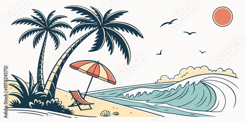 Coastal beach paradise graphic featuring palm trees deck chair and ocean waves tropical vacation umbrella paradise landscape coastline relaxation environment illustration