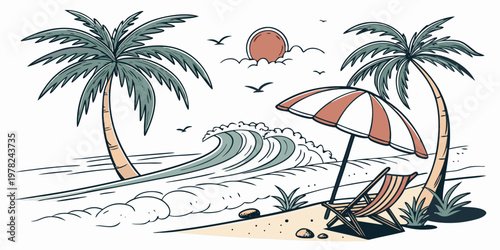 Tropical beach scene with palm trees surf and lounge chair graphic illustration umbrella tropical vacation relaxation landscape sunshine shoreline paradise seascape creative