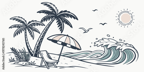 Summer beach illustration with palm trees surf and relaxation chair umbrella vacation tropical landscape sunshine shoreline paradise seascape illustration creative