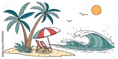Tropical island beach graphic with palm trees waves and beach chair umbrella tropical vacation relaxation landscape sunshine shoreline paradise seascape illustration creative