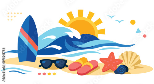 Vector illustration of beach with ocean waves, surfboard, sunglasses, flip-flops, starfish, and seashell. Sunny day, vacation, and relaxation theme.