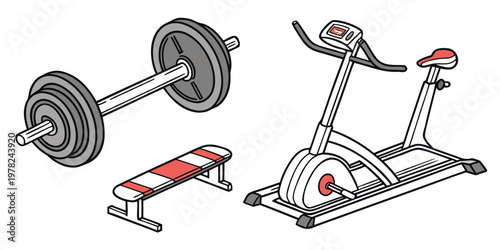 Gym equipment set with barbell weight bench and stationary exercise bicycle equipment exercise training strength lifestyle bodybuilding sporting wellness athletic physical