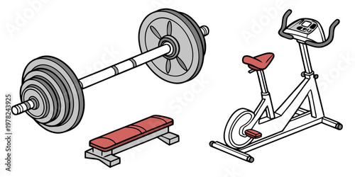Illustration of gym equipment featuring a heavy barbell a workout bench a stationary exercise bike in a clean graphic style exercise equipment training weightlifting physical