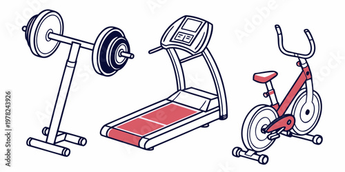 Set of home gym fitness equipment including a barbell a treadmill a stationary exercise bike in a minimal line art illustration style treadmill exercise equipment training