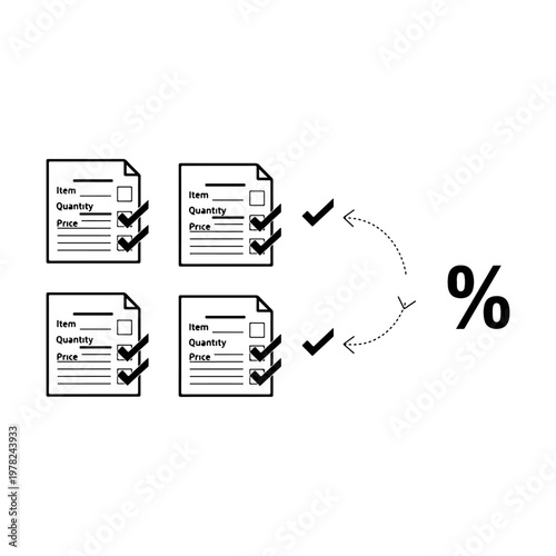 Business process flow chart illustrating item quantity and price calculation with percentage discount conversion for retail analysis and financial inventory management icon set