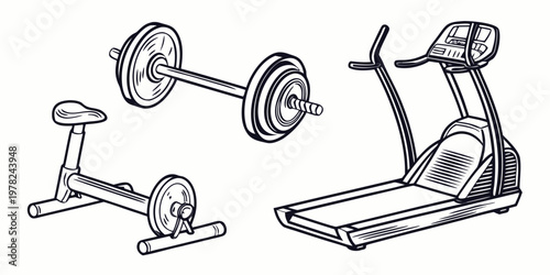 Black and white line art collection of home fitness gym equipment including a heavy barbell and a treadmill in a clean sketch style with treadmill exercise equipment training