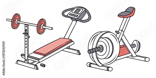 Graphic illustration of gym workout gear including a flat bench press with a barbell and a stationary bike for professional fitness training exercise equipment training weightliftin