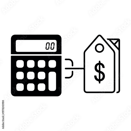 Calculator and price tag icon set representing financial cost and tax calculation in simple black line art style for business accounting and retail software