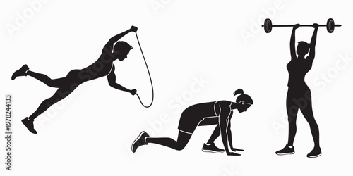 Collection of fitness silhouettes showing people doing jump rope mountain climber exercises weightlifting overhead with silhouette exercise training mountain climbers strength