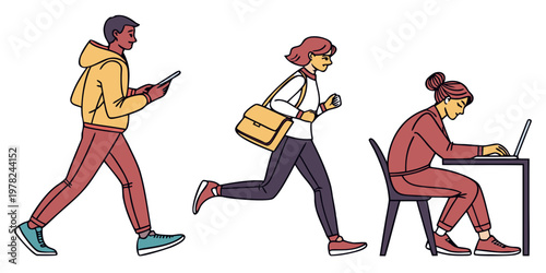 Graphic illustration of diverse people performing daily tasks including walking with a phone running with a bag sitting at a laptop desk activity lifestyle commuting exercise