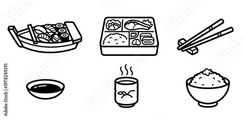 Various Japanese food dishes and dining elements, such as sushi, bento, and chopsticks, are presented in a simple black and white line art illustration.