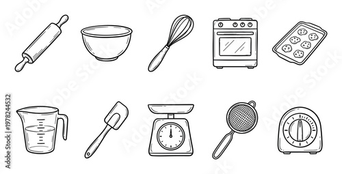 Baking and cooking tools collection featuring various kitchen utensils and equipment for culinary preparation and delicious homemade treats.
