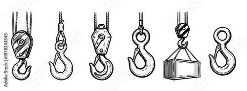 Various crane hooks and industrial lifting equipment are depicted in a detailed hand-drawn sketch style, illustrating different designs for heavy load operations.