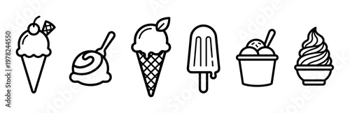 Ice cream and frozen dessert icons represent a delightful collection of sweet treats, perfect for summer menus, digital designs, and culinary themes.