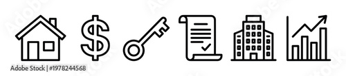 Real estate property finance investment icons illustrate various aspects of buying, selling, leasing, and managing residential and commercial assets.