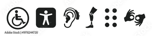 Disability and accessibility icons representing various impairments and support for people with diverse needs, promoting inclusion and universal design.