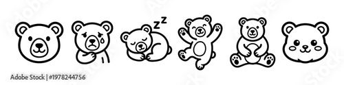 Six cute cartoon bears expressing various emotions and actions, including happiness, sadness, sleepiness, and excitement, depicted in a simple line art style.