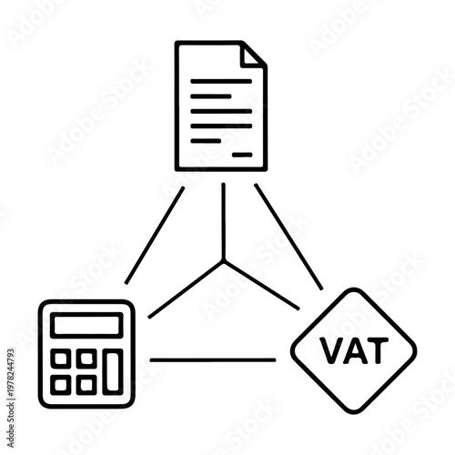 Financial concept diagram showing VAT calculator and document linked by lines representing calculation and analysis