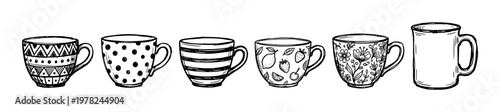 Six different hand drawn mugs feature unique patterns like polka dots, stripes, fruits, and florals, creating a charming collection of beverage containers.