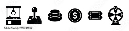 Arcade game and casino entertainment icons collection featuring various gambling and amusement symbols in a clean, modern silhouette style.