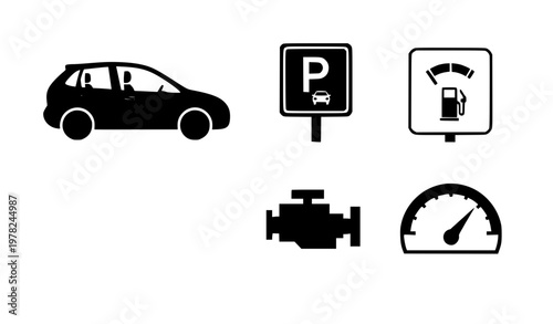 Automobile and car icon set with hatchback parking fuel gauge engine and speedometer in flat style isolated on white background vector