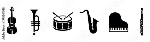 Musical instruments icons set featuring a violin, trumpet, drum, saxophone, piano, and flute in a clean, minimalist black silhouette style.